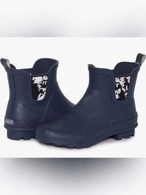 Laura Ashley Navy Chelsea Short Rain Boots with Floral Elastic Size 9